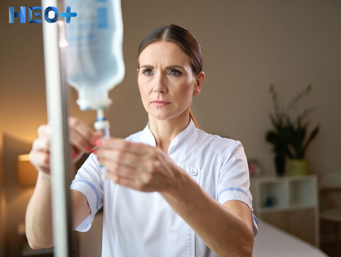 Медсестра настраивает капельницу